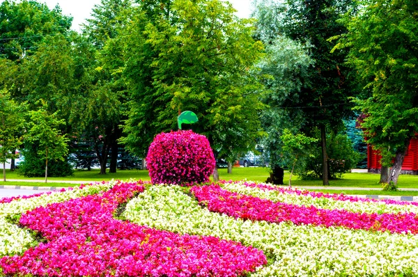 Summer park landscaping view - flowerbed with landscaping element in form of big apple covered with pink begonia flowers.