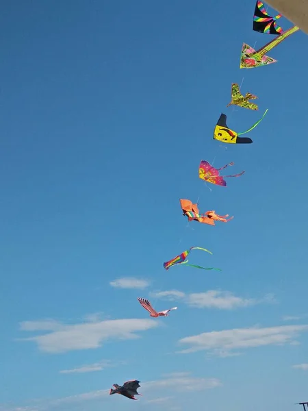 Una Vista Panorámica Colorido Grupo Cometas Voladoras Transportadas Por Viento —  Fotos de Stock