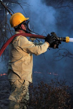 Orman yangını söndürme işi. İtfaiyeciler orman yangınını söndürüyor..