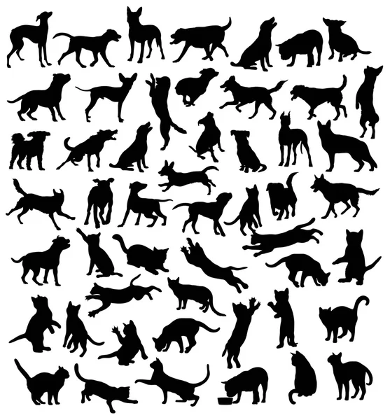 Gato y Perro, Mascotas Animales, Siluetas — Vector de stock