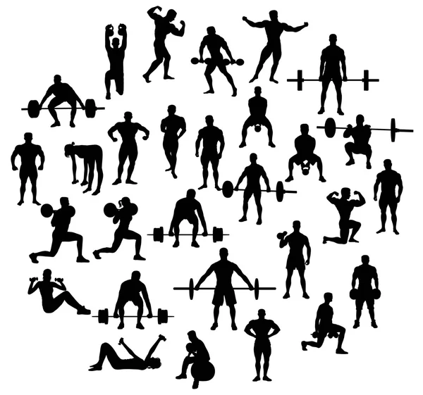 Activités sportives silhouette d'haltérophilie et de musculation — Image vectorielle