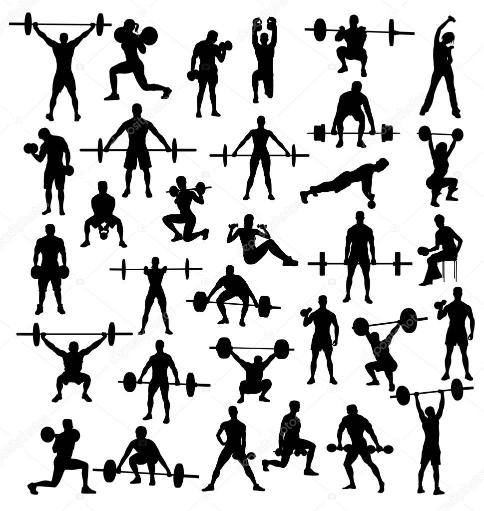 Silhouette of Action and Activities bodybuilders and weightlifters