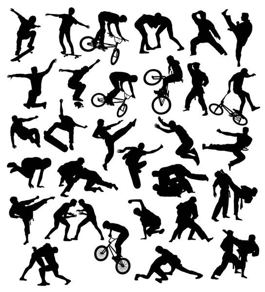 Sziluettjét extrém sportok tevékenységek, illetve kerékpározás, gördeszkázás, birkózás, harcművészet és parkour — Stock Vector