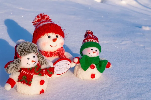 三个头戴礼帽 头戴围巾 头戴玩具的雪人 在雪地的光芒中微笑着 祝圣诞快乐 — 图库照片