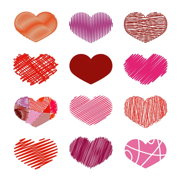 Set of Stylized hand-drawn Scribble Hearts Icons in different sh — Stock Vector