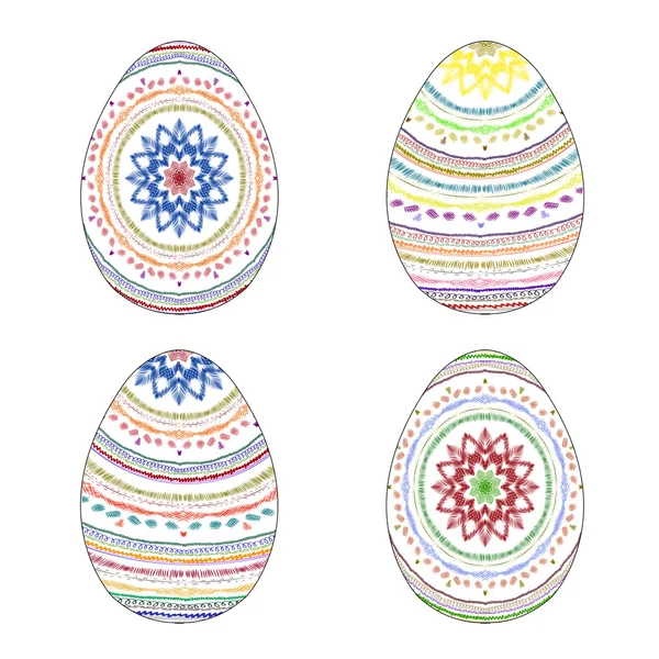 Conjunto de cuatro coloridos huevos de Pascua pintados a mano con patrón étnico — Vector de stock