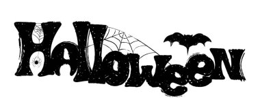 Cadılar Bayramı mesaj pankartı, yarasa, örümcek ve ağ. Cadılar Bayramı kartı, poster, afiş, baskı, geçmiş, çıkartma, tişört, çanta ya da kupa. Grunge el çizimi harfli davetiye konsepti. Vektör illüstrasyonu.