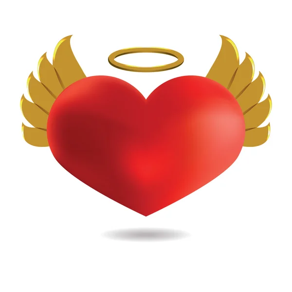 Red Angel  Heart with Golden Wings and Halo, Isolated On White B — Stock Vector