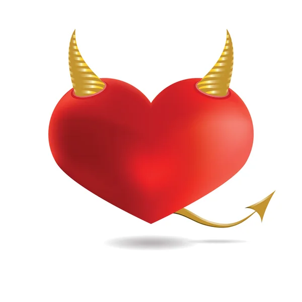 Red Devil Heart with Golden Horns and Tail, Isolated On White Ba — Stock Vector
