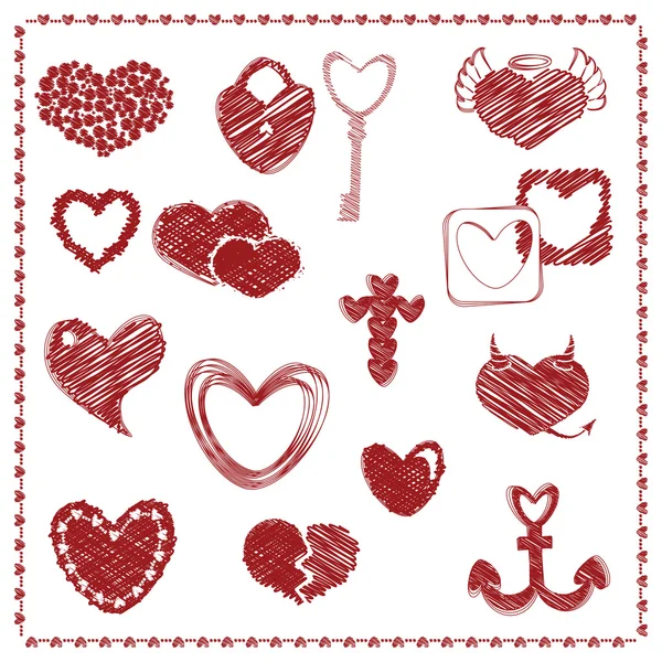 Doodle Set of Red Hearts, Valentine hari Vector - Stok Vektor