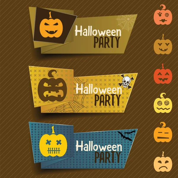 Banner de Halloween em estilo origami com abóbora, teia, morcego e sku — Vetor de Stock