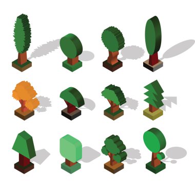 Isometric Tree. Set of Different Trees with Shade in Isometric P