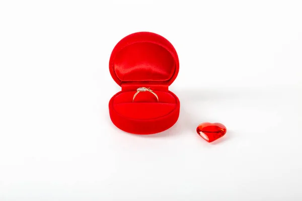 Red Velvet Gift Box Diamond Ring Heart White Background Valentine — Stock Photo, Image