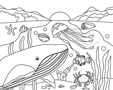 Yer ve su yeraltı dünyasıyla renklendirme sayfası 