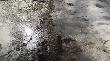 Videoda, güneşi ve erimemiş karın kalıntılarını yansıtan akan bir dere görüyoruz..