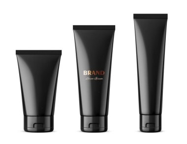 Kozmetik siyah tüpler modelleme seti. Boş ürün paketleme tasarımı. Beyaz arkaplanda izole edilmiş gerçekçi vektör illüstrasyonu