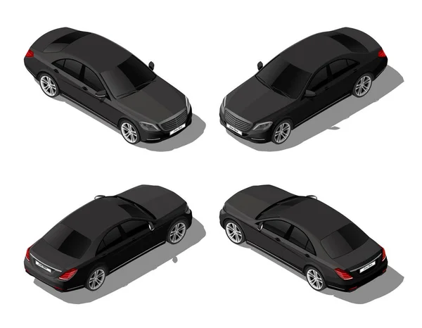 Isometrische Schwarze Limousine Von Verschiedenen Seiten Modernes Fahrzeug Lux Oder — Stockvektor