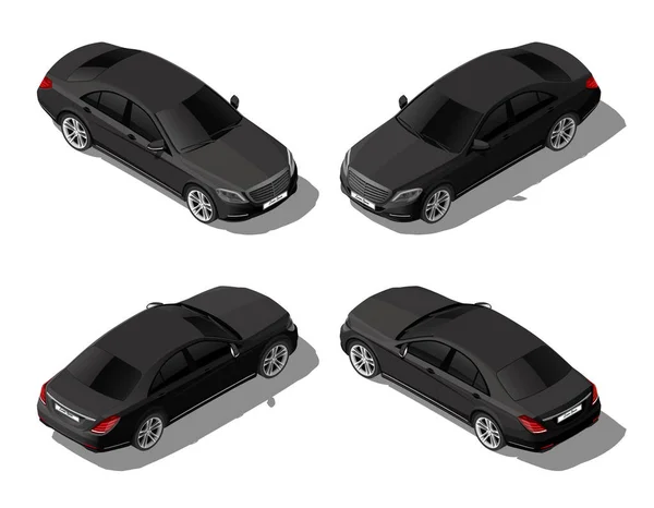 Conjunto Coches Sedán Negro Isométrico Desde Diferentes Lados Vehículo Moderno Vector de stock