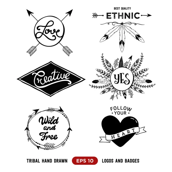 Hand drawn tribal design vector elements. Aztec logos and badges. Arrow wreath. Feather and arrows frame. — Stock Vector