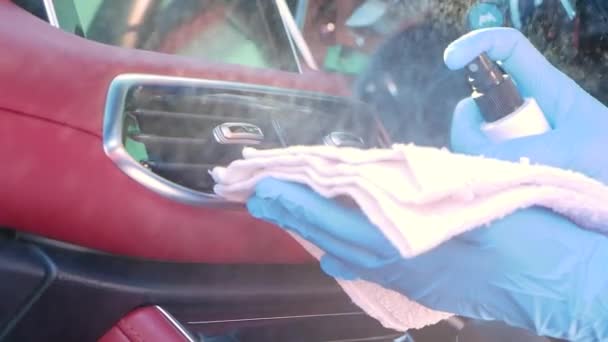 Close Woman Wearing Gloves Used Antiseptic Sprayed Wiped Cloth Clean — Stock Video