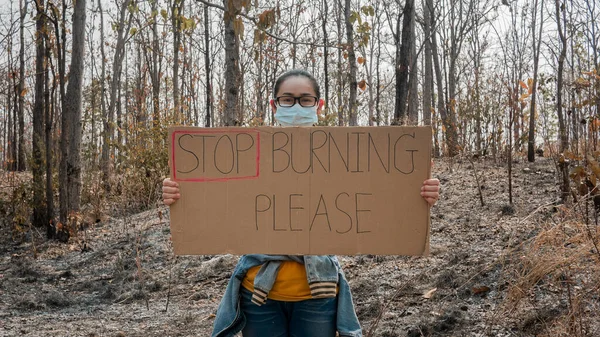 A female volunteer holding a nature conservation banner in area of the burning forest and firefighters extinguish fires. Human responsibility and protection of nature. World Environment Day.