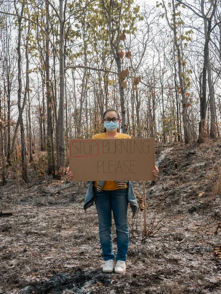 A female volunteer holding a nature conservation banner in area of the burning forest and firefighters extinguish fires. Human responsibility and protection of nature. World Environment Day.