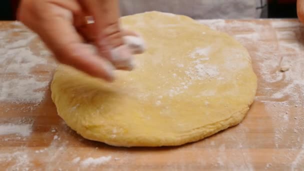 Female Hands Flour Roll Out Dough Rolling Pin Wooden Table — Stock Video