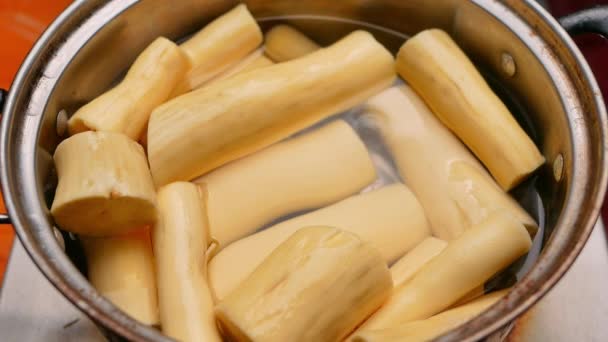 Manioc Bouilli Dans Eau Bouillante Avec Sucre Pour Faire Dessert — Video