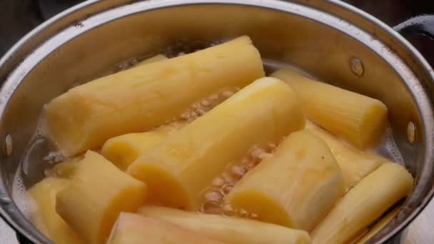 Gotowana Cassava Wrzącej Wodzie Cukrem Produkcji Tajskiego Deseru Korzeń Cassava — Wideo stockowe