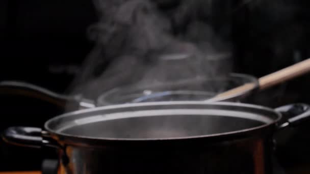 Steam Rising Boiling Water Pot Stove Vapour White Smoke Pan — Stock Video