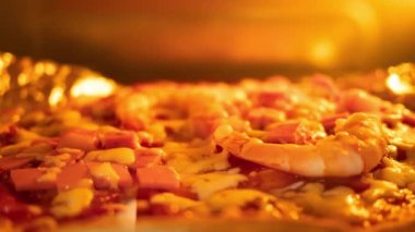 Elektrikli fırında yapılan ev yapımı pizzayı yakın plan. Evde pizza yapma süresi azalıyor, mozzarella peyniri yüksek sıcaklıkta eriyor..