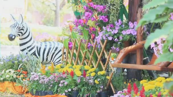 Columpio de madera en el jardín de flores, HD vdo . — Vídeos de Stock