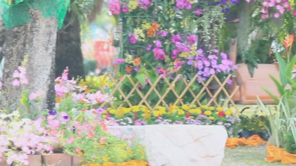 Trä swing i blommor trädgård, Hd vdo. — Stockvideo