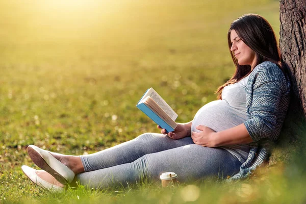 Mujer Embarazada Reaxing Parque Leyendo Libro —  Fotos de Stock