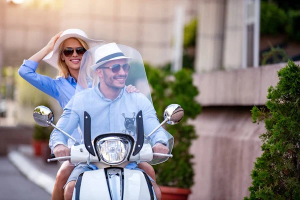 Couple Love Riding Scooter Young Riders Enjoying Themselves Trip Adventure — Stock Photo, Image