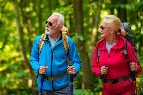 Senior couple walking in the forest. 