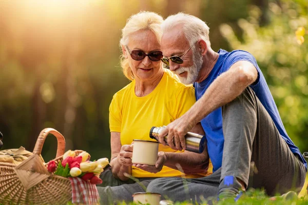 Joyeux Couple Personnes Âgées Souriant Relaxant Dans Parc — Photo