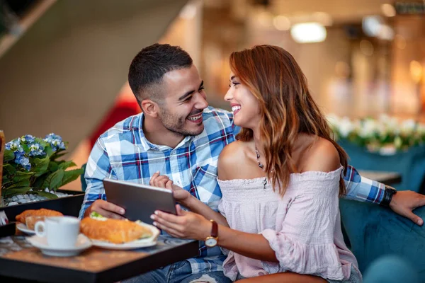 Attractive Young Couple Love Having Breakfast Cafe — Stock Photo, Image