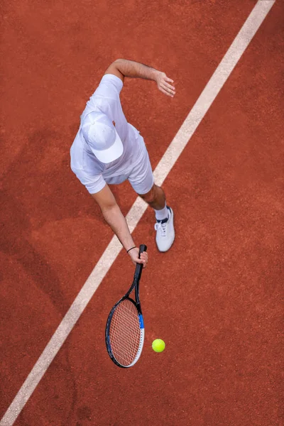 Sportot Top Kilátás Férfi Teniszező Ütő Labda Ütő Ütő — Stock Fotó