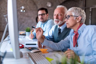 Olgun bir kadın yeni projeyi tartışıyor, bilgisayara bakıyor..