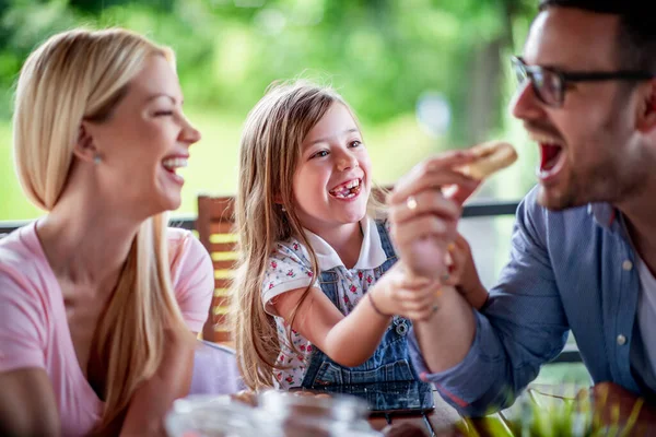 Family Three Have Breakfast Terrace Family Food Lifestyle Concept — Stock Photo, Image