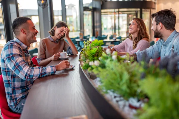 Bir grup arkadaş kafede birlikte eğleniyor. İnsanlar, boş zaman ve yaşam tarzı konsepti.