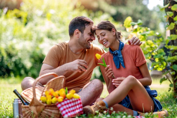 Casal Feliz Piquenique Natureza Amor Namoro Pessoas Conceito Natureza — Fotografia de Stock