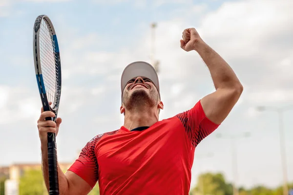 Tennis Player Celebrating Victory Match Point — Stok fotoğraf