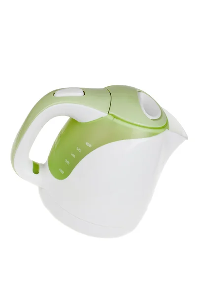 Современный зеленый белый электрический чайник, кухонное оборудование, изолированные на белый — стоковое фото