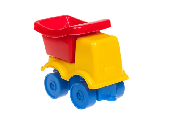 Plastik renkli oyuncak kamyon, beyaz arka plan üzerinde izole — Stok fotoğraf