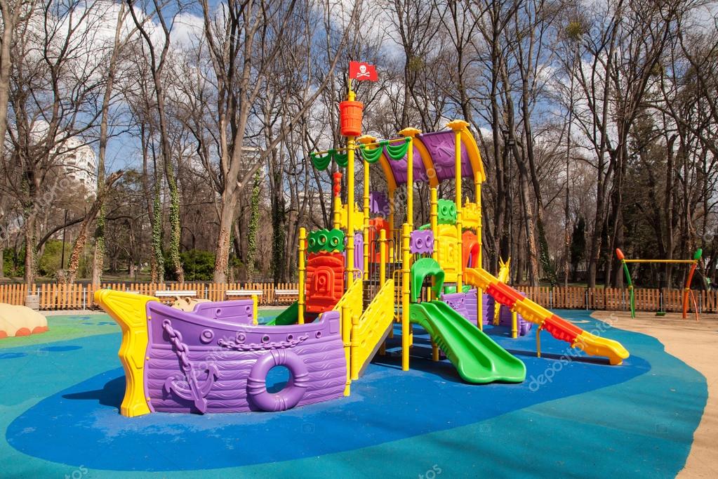 Empty Outdoor Modern Design Colorful Attractive Playground Stock Empty Outdoor Modern Design Colorful Attractive Playground Stock Photo