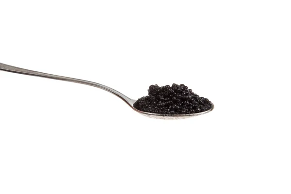 Caviar negro en cuchara, aislado sobre blanco — Foto de Stock