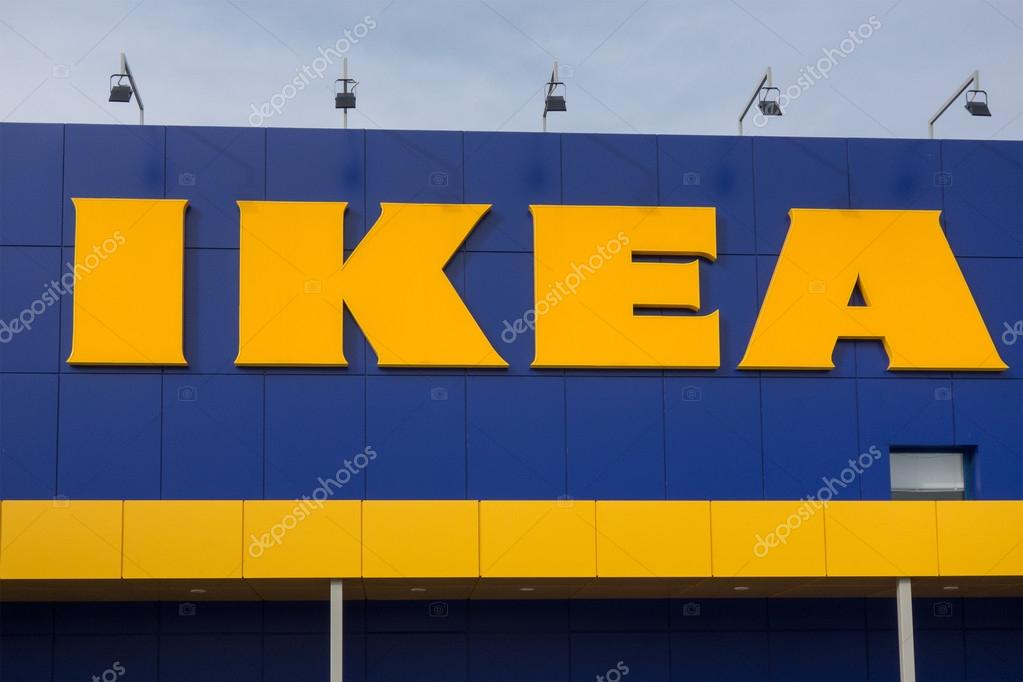 VARNA, Bulgaria - FEBRUARY 1, 2016: The Ikea logo in Varna. IKEA is the  world's largest furniture retailer and sells ready to assemble furniture.  Founded in Sweden in 1943 – Stock Editorial Photo © dechevm #123002244