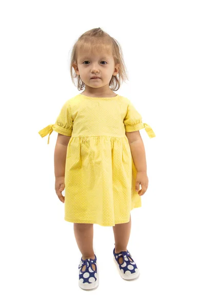 Linda Niña Vestido Amarillo Aislado Blanco Años Edad — Foto de Stock